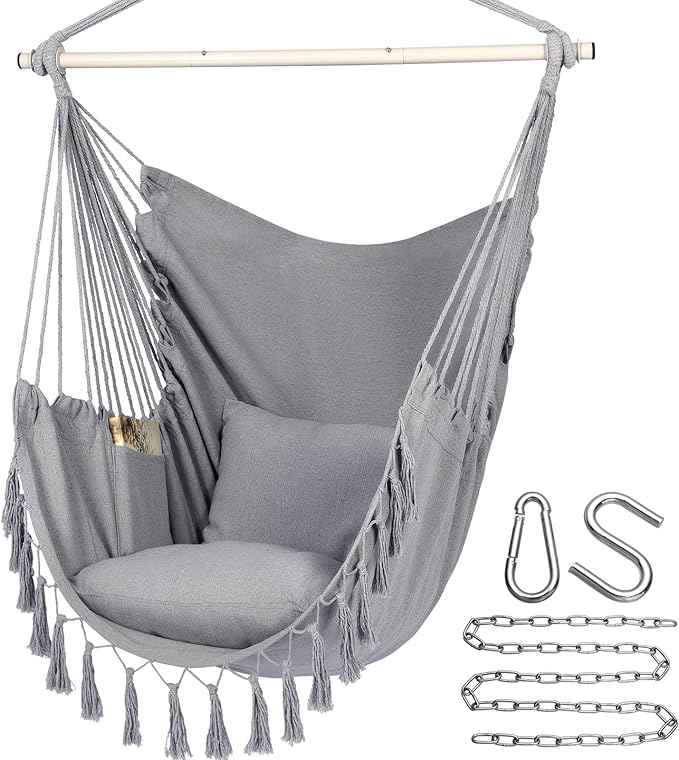 Y- STOP Hammock Chair Hanging Rope Swing, Max 500 Lbs, 2 Cushions Included, Large Macrame Hanging Chair with Pocket for Superior Comfort, with Hardware Kit (Light Grey)