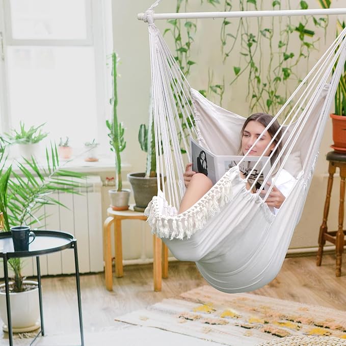 Chihee Hammock Chair Hanging Chair with Foot Rest 2 Cushions Max 500lbs Robust Metal Spreader Bar Collapsible Easy Storage Soft Cotton Swing Chair Strong Strap Iron Carabiner Side Pocket Included