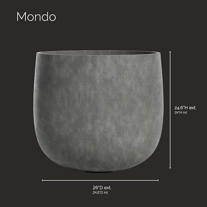 Mondo Large Planter – Grey Stone Finish – Fiberglass Indoor/Outdoor and Weather-Resistant Round Planter (26" D x 24.6" H Exterior, 24.6" D x 24" H Interior)