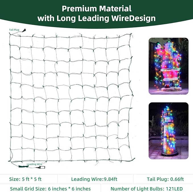Led Net Lights Christmas Lights Outdoor Multicolor Christmas Net Lighting with 121Led Mini Globe Lights 5ftx5ft, Outdoor Indoor Fairy Mesh Net Lights for Christmas Trees, Bushes, Shrubs Decorations