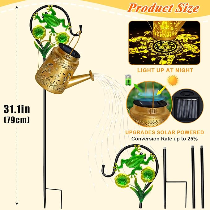 Solar Watering Can Lights Outdoor Garden Decor, Large Frog Hanging Lantern with Shepherd Hook, Waterproof Garden Lights for Outdoor Landscape Pathway Yard, Garden Gift for Mom Grandma