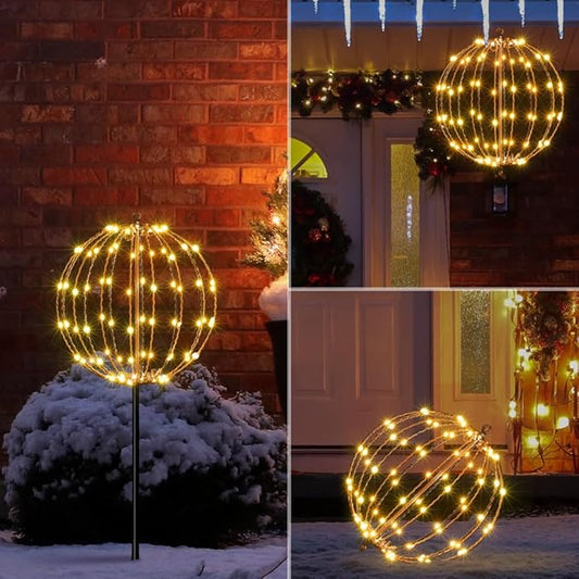 LIGHTSHARE 12IN 96LED Light Ball Light Garden Yard Decoration Pathway Lights Sphere Light with Fold Flat Metal Frame Indoor Outdoor Waterproof, Plug in