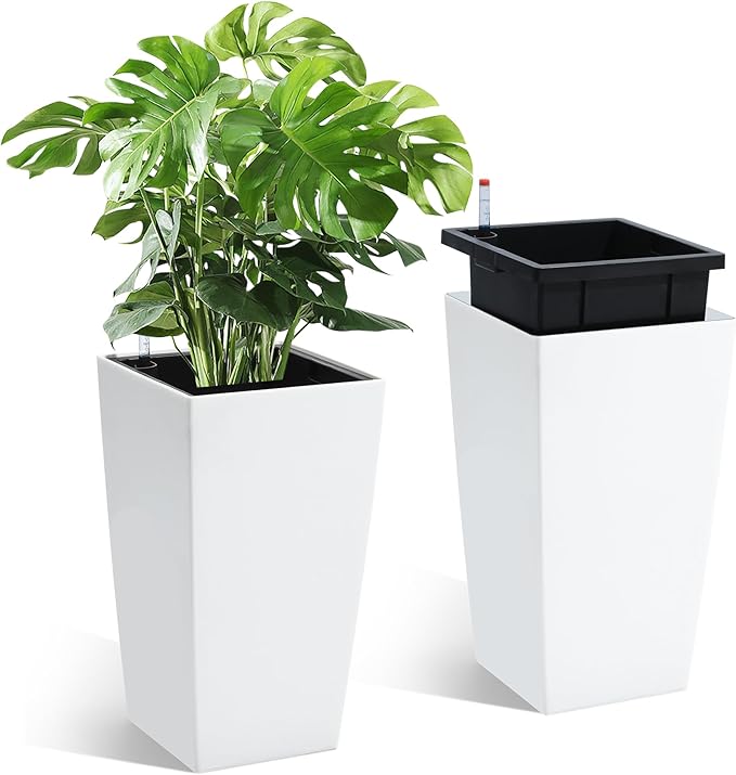 16" Tall Planters Set of 2, Outdoor＆Indoor Black Planter Pots, High Front Porch Planter Pots with Drainage Holes＆Water Level Monitor＆Inner Bucket, Automatic Watering,White