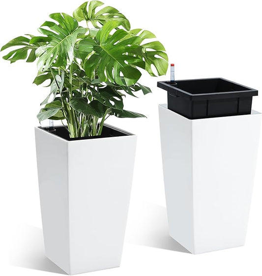 16" Tall Planters Set of 2, Outdoor＆Indoor Black Planter Pots, High Front Porch Planter Pots with Drainage Holes＆Water Level Monitor＆Inner Bucket, Automatic Watering,White