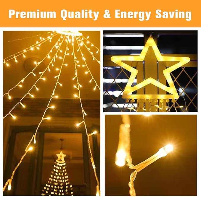 Christmas Decorations Star String Lights, 320 LED Waterfall Tree Lights with 13" Topper Star 8 Lighting Modes Indoor Outdoor Decorative for New Year, Holiday, Wedding, Party