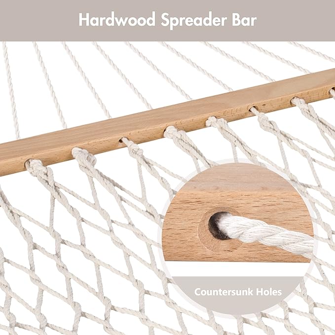 ANOW Rope Hammock Double Hammock with Hardwood Spreader Bar and Carrying Bag, 450 LBS Weight Capacity for Two Person, Natural