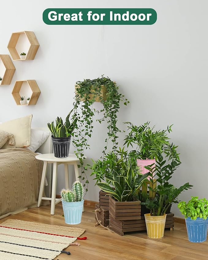 vensovo 6 Inch Steel Blue Metal Rustic Flower Pots - 6Pcs Galvanized Planters with Drainage Hole and Rubber Plug, Rustproof Metal Bucket Plant Pots Farmhouse Vintage Style for Decor