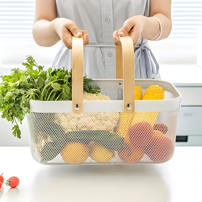 Portable Mesh Harvest Basket - Natural Bamboo Handle Foldable Organizer for Kitchen, Garden & Picnic | Ventilated Storage Bin with Rust-Proof Wire, Space-Saving Farmhouse Decor (Pink)
