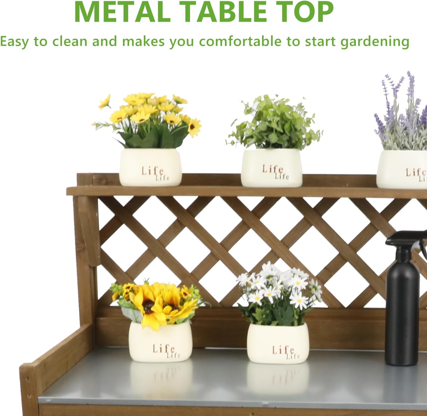 Garden Potting Benches & Tables,Outdoor Wooden Work Station W/Metal Table Top,Drawer,Large Bottom Shelf,Open Shelf Natural Wood-Natural Stained