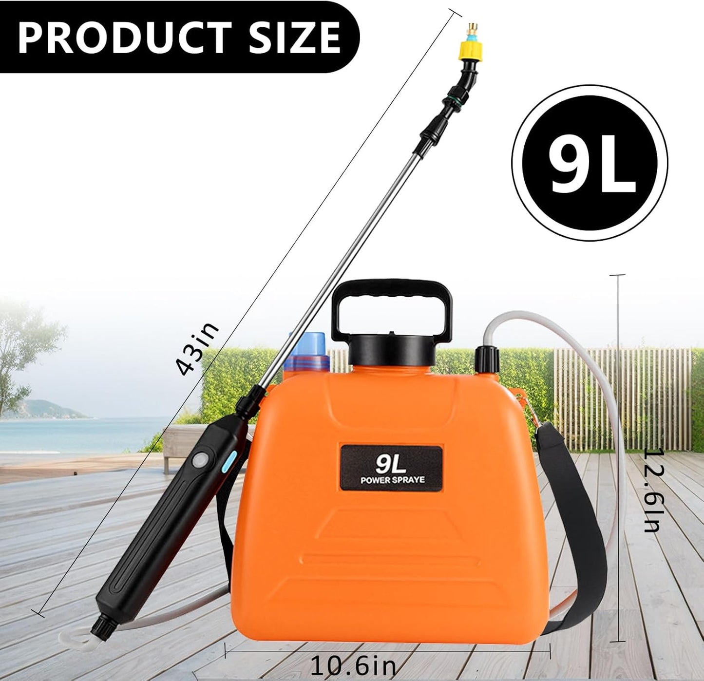 2.4 Gallon Battery Powered Sprayer, Electric Battery Operated Sprayer, Weed Power Sprayers in Lawn and Garden with Adjustable Shoulder Strap and Rechargeable Handle, 3 Mist Nozzles (Orange)