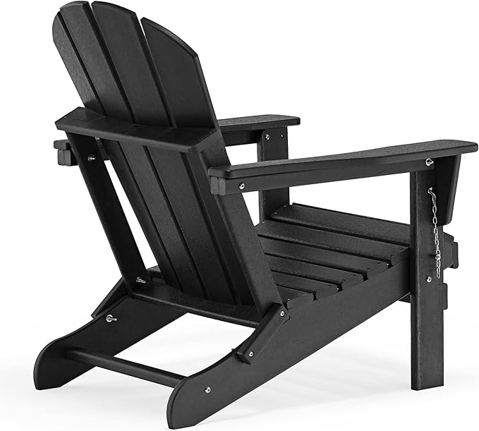 WO Home Furniture Adirondack Chairs Table Set of 3 PCS Outdoor Folding Chairs Side End Table Weather/UV Resistant for Lawn, Garden, Bon Fire, Balcony (Black)