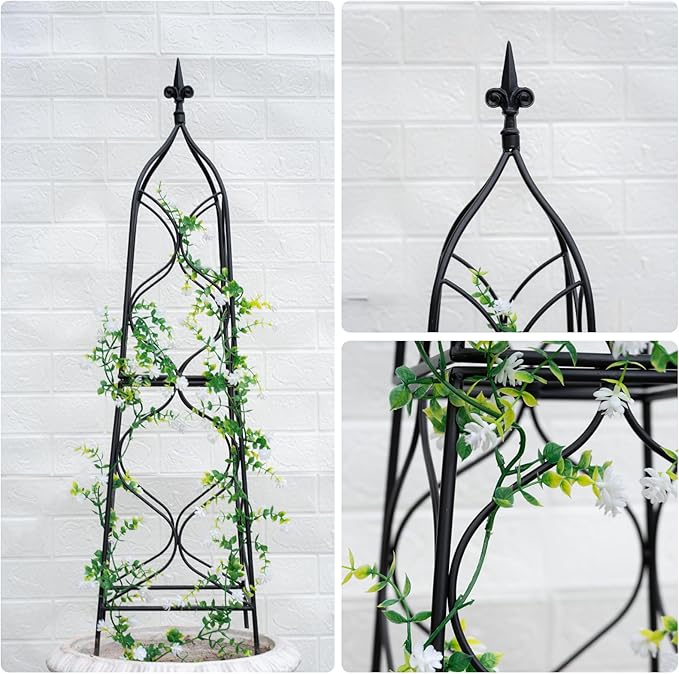 Obelisk Trellis for Garden - 38.3" x 10.03" Durable Metal Climbing Support for Roses, Vines & Flowers | Elegant Black Design with Decorative Top & Hollow Sides