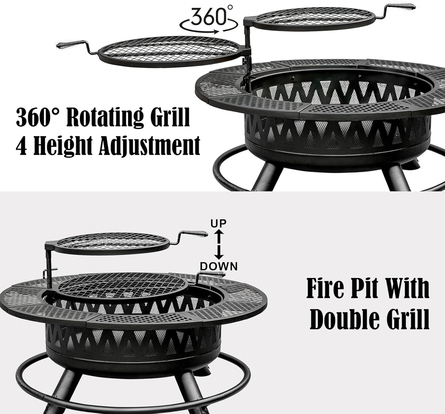 42 Inch Fire Pit with 2 Grills, Large Outdoor Firepits for Outside, Wood Burning Fireplace for Camping,Picnic,Bonfire, 3-in-1 Round Metal Table with Lid for Backyard,Patio,Party