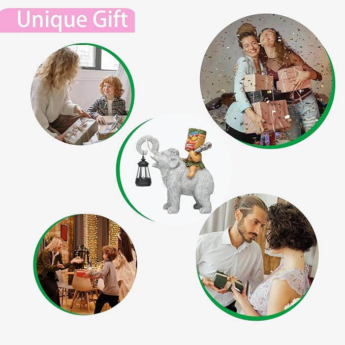 Solar Tiki Statue-Outdoor Statues-Tiki Bar Decor-Solar Powered Light Garden Figurine Tiki Decoration for Bar,Patio,Balcony,Yard,Lawn,Table,Riding A Elephant 9.09 Inches Tall