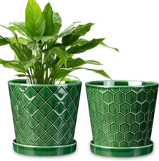 EFISPSS 6 Inch Plant Pot,Ceramic Pots for Plants with Drainage,Flower Pots Indoor Pots for Plants, Modern Flower Pots for Home and Office,Set of 2 - Patina