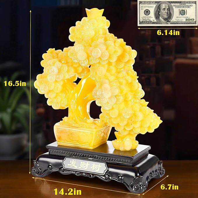 FENGSHUI-CAISHEN Top Resin Money Tree, Artificial Bonsai Tree, Handcrafted, Premium Quality, Feng Shui Gift for Abundance Luck and Success (Yellow)