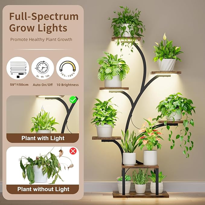 Plant Stand Indoor with Grow Lights, 7 Tiered Indoor Plant Shelf, 49" Corner Plant Stands for Indoor Plants, Metal Plant Flower Display Shelves, Tree-Shaped Plant Rack for Home, Patio, Black