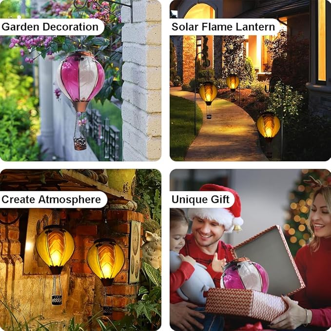 Hot Air Balloon Solar Lantern with Flickering Flame Hanging Solar Lanterns Outdoor Lights Waterproof Lanterns Decorative Garden Patio Yard Party Decor Gray&Wine Red