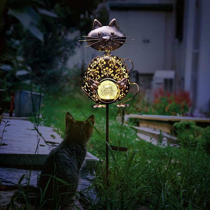 KAIXOXIN Garden Solar Lights Metal Cat Crackle Glass Globe Stake Light Waterproof Warm White LED Solar Path Lights (Cat-Bronze)