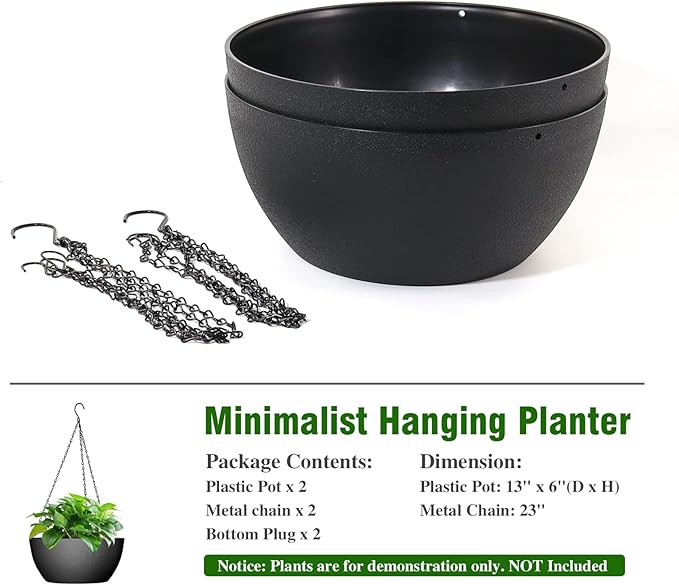 13 inch Large Hanging Planters Plant Pots for Outdoor Indoor Plants with Drainage Holes and Chain, 2 Pack Round Hanging Flower Pots for Garden Home Porch Decor, Black