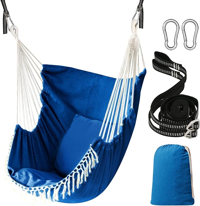 Chihee Hammock Chair Hanging Swing 2 Pillows Included,Strong Webbing Straps and Hooks for Easy Hanging Soft Cotton Hanging Chair Side Pocket Tassel Chair Comfort Indoor Outdoor Royal Blue