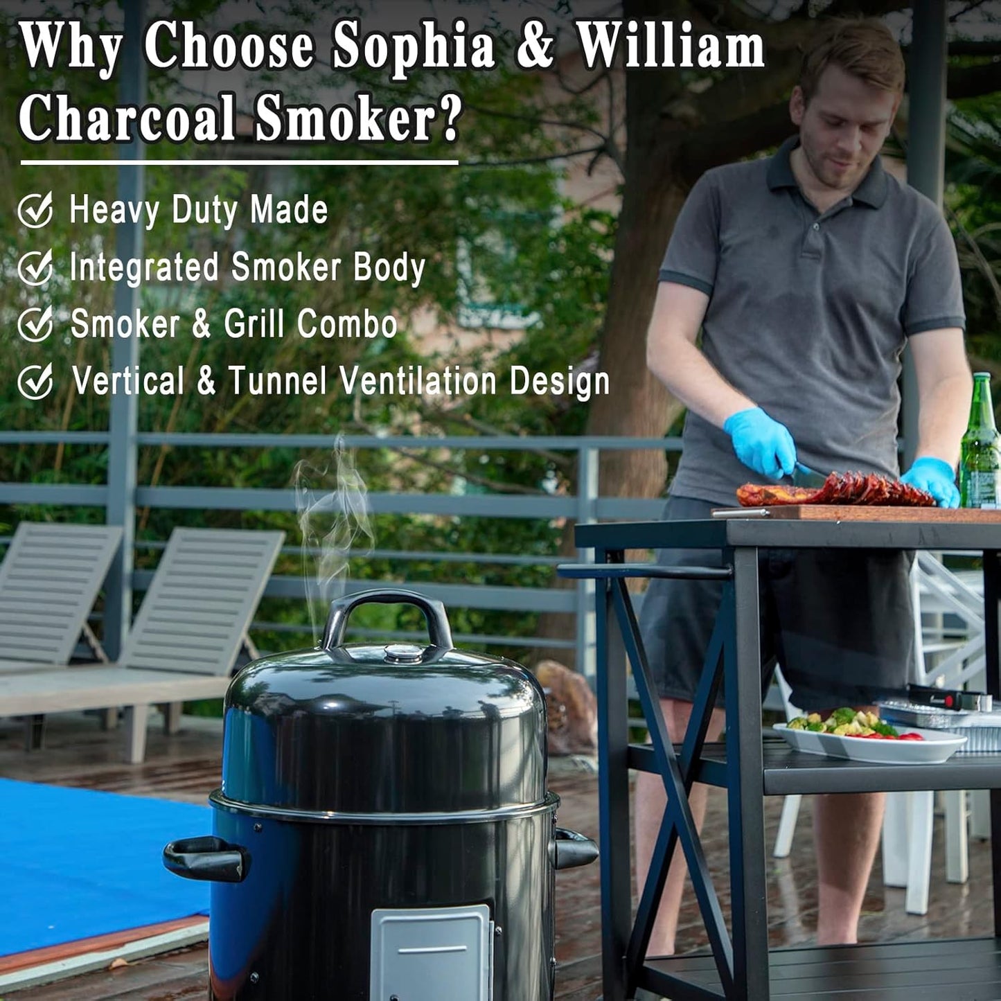 Sophia & William 17" Vertical Charcoal Smoker Grills with Two-Tier Grates, Heavy-Duty Integral Chamber and Tunnel Ventilation System for BBQ, Patio, Outdoor Camping(Black)