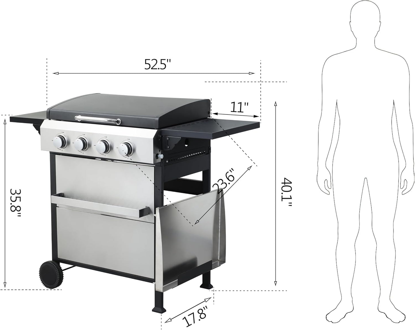 4-Burner Propane Gas BBQ Grill with SS Plancha, 49,200 BTU Output, Wire Enamel Cooking Grids, Foldable Side Table and Hanging Basket, Heavy-Duty Stainless Steel Grill