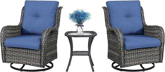 Patio Swivel Rocking Chairs - Outdoor Wicker Glider Swivel Rcoker, 3 Pieces Patio Wicker Furniture Sets for Porch Includes 2 Swivel Rocking Chair and 1 Side Table