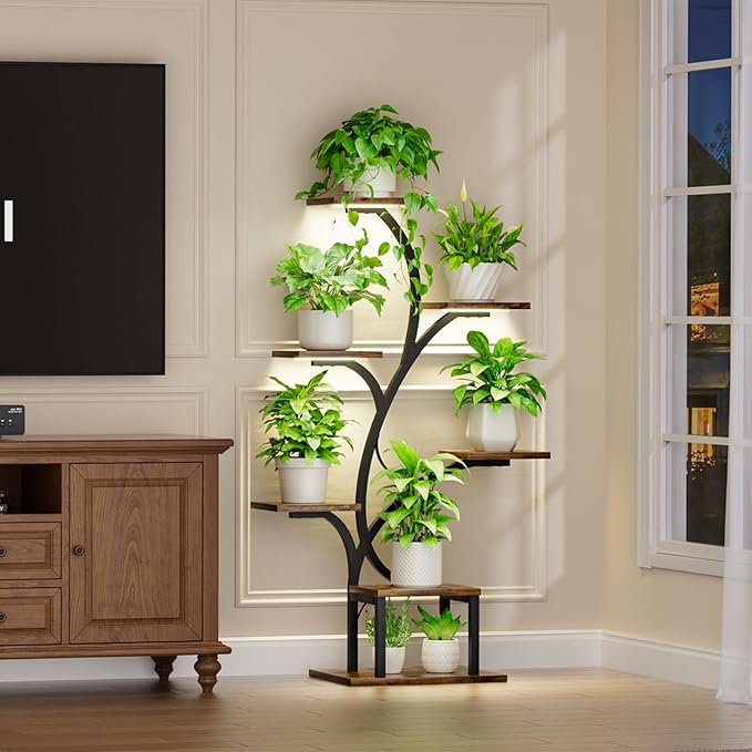 Plant Stand Indoor with Grow Lights, 7 Tiered Indoor Plant Shelf, 49" Corner Plant Stands for Indoor Plants, Metal Plant Flower Display Shelves, Tree-Shaped Plant Rack for Home, Patio, Black