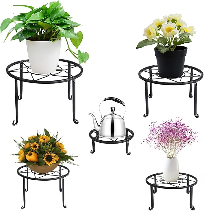 5 Pack Metal Plant Stands for Multiple Plant,Heavy Duty Flower Pot Stands for Outdoor Indoor Plants,Rustproof Iron Round Pot Shelf for Planter