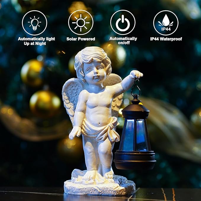 Goodeco Cherub Statue with Solar Lantern - Angel Statue for Garden Patio Yard Porch Lawn Outdoor Decor, Angel Figurines Memorial Spiritual Gifts