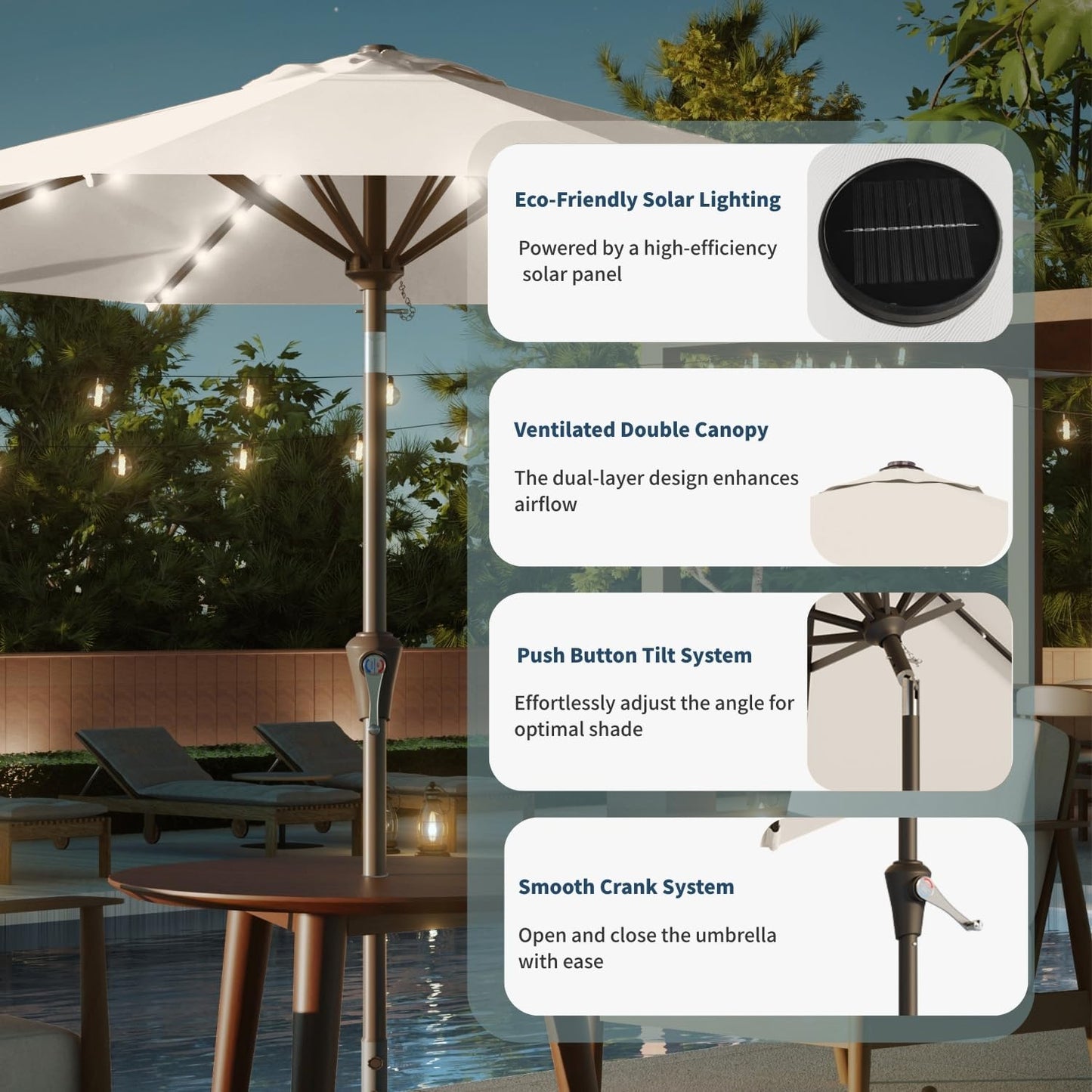 9FT Solar Umbrella 32 LED Lighted Patio Umbrella Table Market Umbrella w/Tilt and Crank, UV-Resistant Outdoor Umbrella for Pool, Garden, Deck, Creamy White