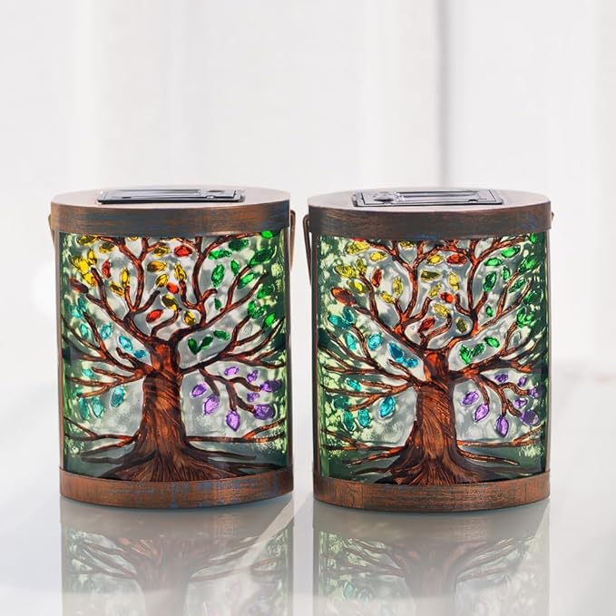 Starsoul 2 Pack Hanging Solar Lantern Outdoor Waterproof Glass Tree of Life Decorative Solar Lights for Outside Garden Yard Table Patio Decor