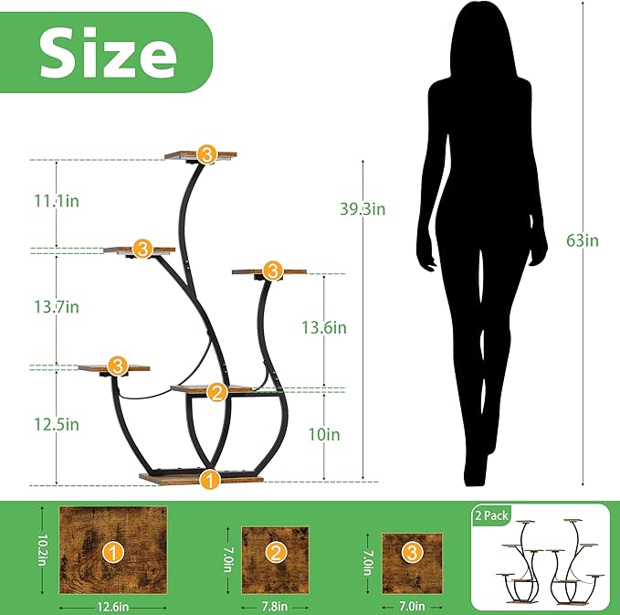 Plant Stand Indoor with Grow Lights - 2 Pack Indoor Plant Shelf, 6 Tiered Corner Plant Stands for Indoor Plants, Swan-Shaped Plant Holder, Metal Flower Display Rack for Living Room, Patio Decor（Black)