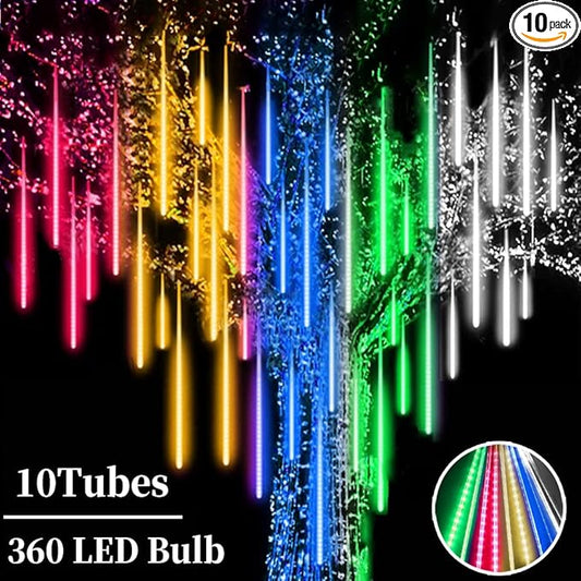 Meteor Shower Lights, 12 Inch 10 Tube 360 LED Multicolor Christmas Lights, Rain Falling Raindrop Lights for Outdoor Xmas Patio Garden Roof Eaves Decoration
