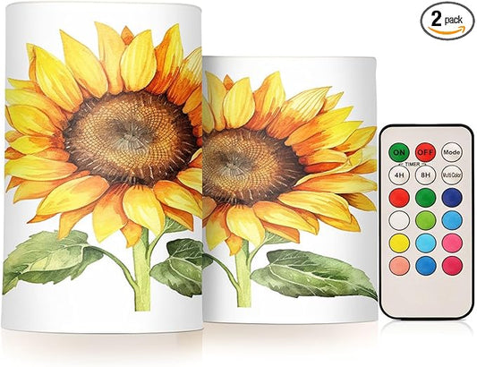 Flickering Flameless Candles, Beautiful Sunflower LED Candles with Remote Timer, Set of 2 Battery Operated Candle for Valentine Wedding Birthday