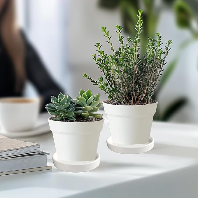 Plant Saucer Pot Tray Planter Saucers 4 Pack 4 5 6 7 8 9 10 11 12 13 Inch for Indoors Outdoor, Durable Sturdy Ceramic Flower Drainage drip Water Tray for Glazed Pots Base (4.7 Inch-White)