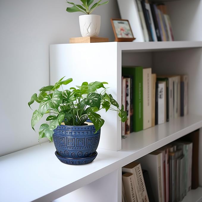 G EPGardening Plant Pots Indoor 5 Inch - Ceramic Pot for Plants with Drainage Hole and Saucer Round Planter Outdoor Modern Flower Pot Home Office Decor Blue