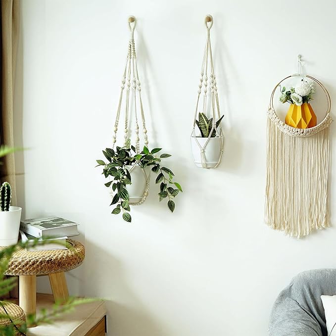 Macrame Plant Hangers with Pots and Saucers, 3 Pack Hanging Planters for Indoor Plants Hanging Plant Holders with Hooks 34" / 26" / 20"