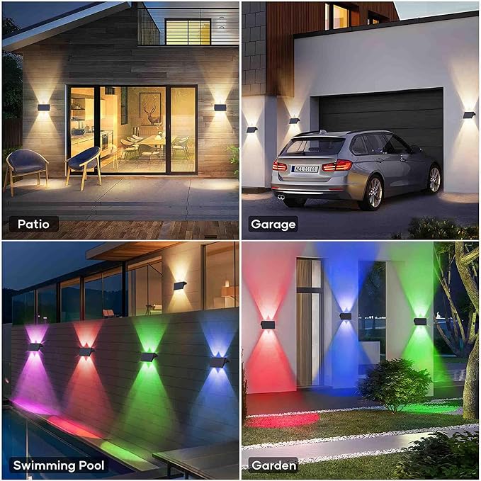 Fence Lights Solar Powered, 4-Pack Solar Fence Lights Up/Down Flexible Buttons, IP67 Waterproof for Outdoor, 120LM Bright, Auto Dusk to Dawn for Wall/Stairs/Yard/Railing/Deck/Pathway (White & RGB)