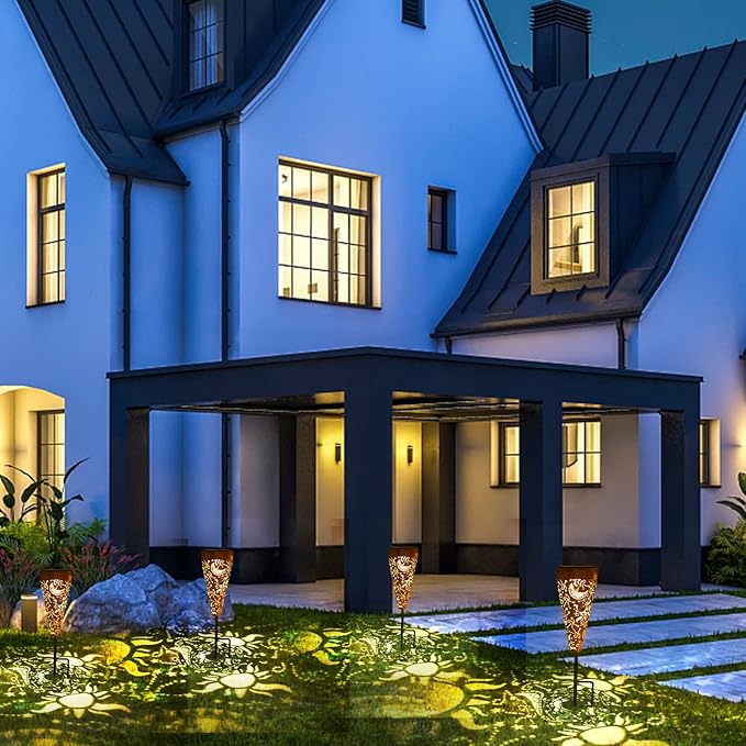 DIBIEECN 4 Pack Sun and Moon Solar Garden Pathway Lights Outdoor,Metal Garden Decorations Outdoor Lights with Patterns and Warm Light,Waterproof Landscape Lighting for Path Patio Backyard Yard