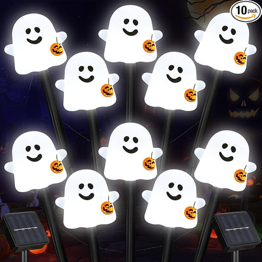 Solar Halloween Ghost Pathway Lights, 10 Pack Ghost Stake Lights with Pumpkin Design, Durable Waterproof Outdoor Halloween Decoration for Garden, Walkway, and Yard (10Pcs PGhost)