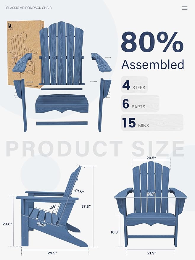 KINGYES HDPE Adirondack Chair, Classic All-Weather Adirondack Chairs Set of 4, Outdoor Patio Adirondack Chair for Deck Lawn fire Pit, Navy