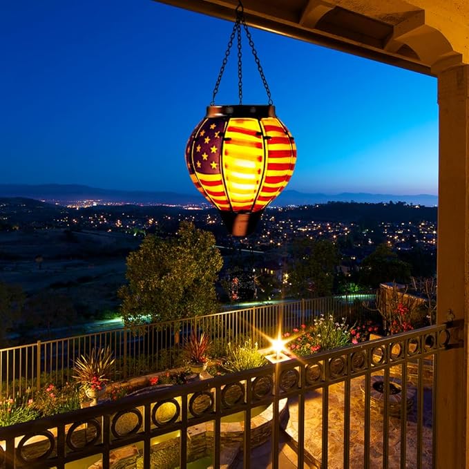 2PCS Flag Solar Hot Air Balloon Lantern with Flame Flickering Light,Glass Hot Air Balloon Solar Lanterns Outdoor Waterproof,Hanging Outdoor Light for Patio Yard Garden Birthday Gifts for Women