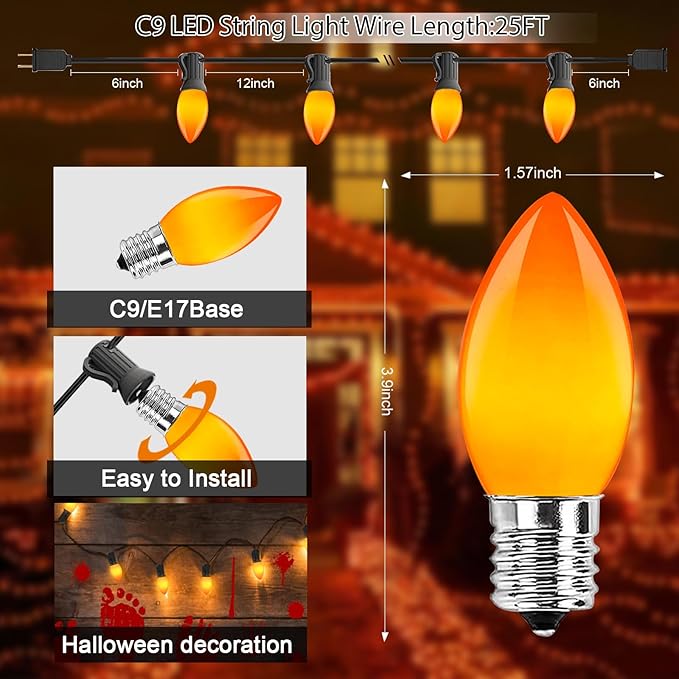 C9 LED Halloween Orange String Lights 25Ft 25 Orange Halloween Christmas Decorations Lights Waterproof UL Listed for Indoor Outdoor Christmas Halloween Patio Wedding Holiday Home Thankgiving Decor