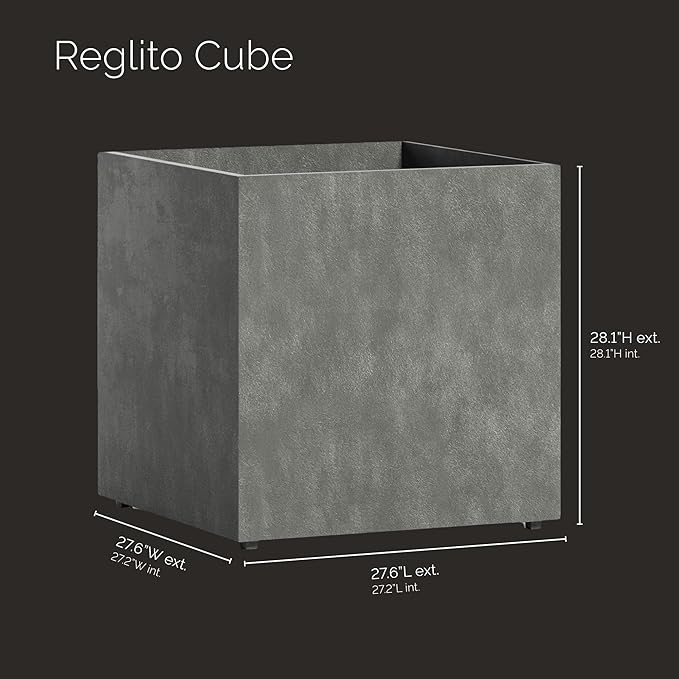 Reglito Cube Planter – Fiberglass Indoor/Outdoor and Weather-Resistant Large Planter (Grey Stone, 27.6" L x 27.6" W x 28.1" H)