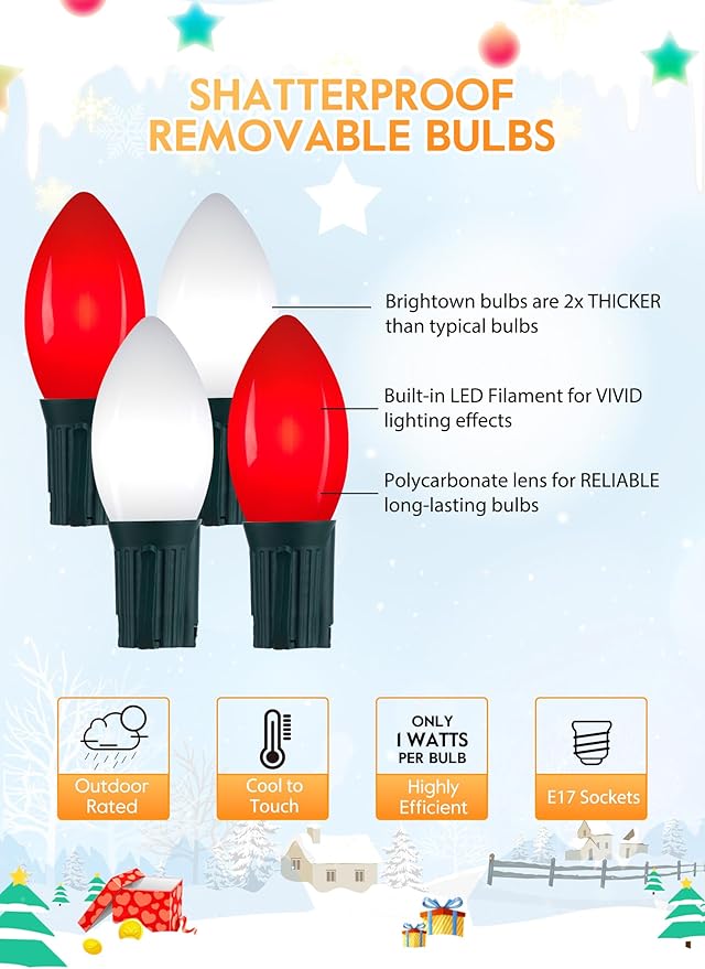 C9 LED Christmas Lights Outdoor, 50 Feet String with 50 Shatterproof Matte Bulbs, Connectable Waterproof Tree Lights for Holiday Roofline Backyard Garden Decor, Red & Pure White