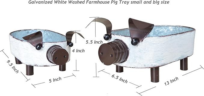 Galvanized Metal White Washed Farmhouse Pig Tray Distressed Pig Tabletop Centerpiece Décor Set of 2