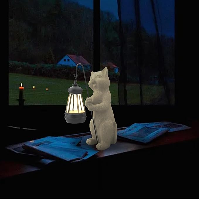 Solar Cat Garden Statue 10 Inch Porch Patio Decor for Outside Yard Decoration Outdoor Unique Housewarming Gardening Birthday Gifts for Cat Lovers Women Grandma