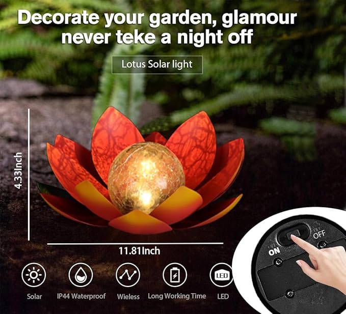 12 inches Solar Lights Outdoor Garden, Crackle Globe Glass Lotus Decoration, Waterproof LED Metal Flower Lights for Patio,Lawn,Walkway,Tabletop,Ground Gardening Gifts (Red)
